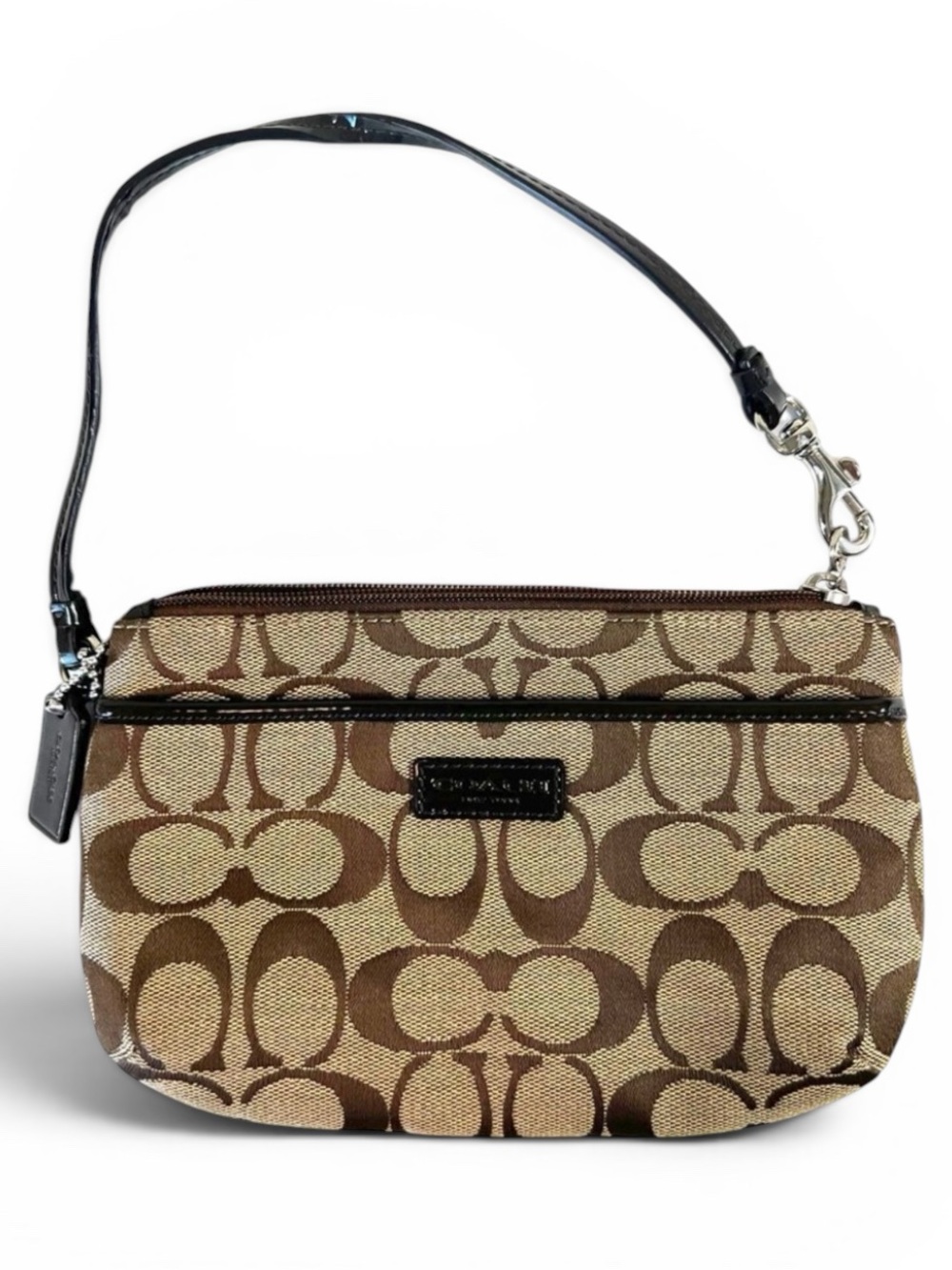 Coach Brown Tan Jacquard Canvas Monogrammed Signature Cs Zip Wristlet No F51685